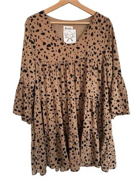 & Merci Leopard Print Tiered Babydoll Mini Dress Leopard 3/4 Bell Sleeve